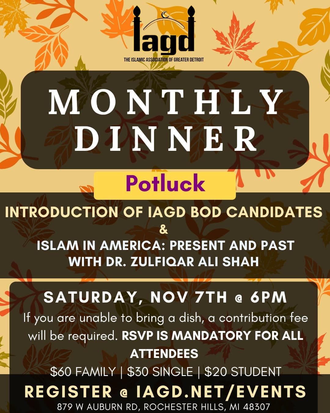 Event flyer for November Potluck Monthly Dinner